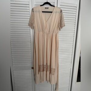 BloomChic Solid Wrap Pocket Belted Contrast Lace Ruffle Trim Maxi Dress